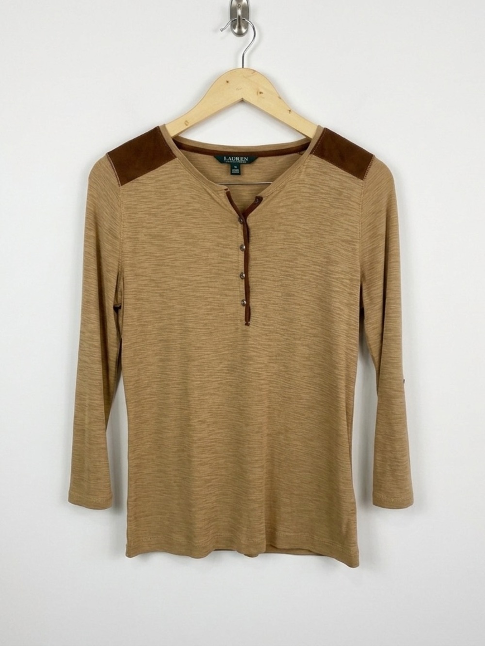 Lauren Ralph Lauren Tan Henley Suede Patch Equestrian Top